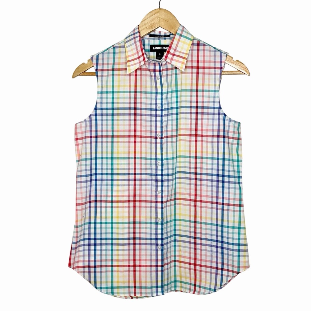 Lands End Rainbow Plaid Sleeveless Button Up Womens 4 No Iron Supima Preppy